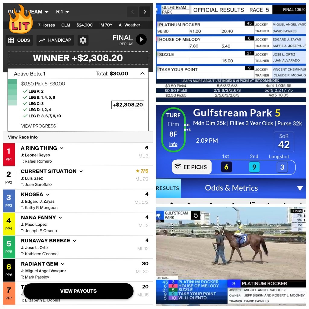 choiness27's tweet photo. Caught the PK5 at @GulfstreamPark. It was made possible by combining @AHPDrew SINGLES/SKINNY ticket w/ @EquinEdge. Both singles held true while Equinedge Longshot Play (47:1) in Race 5 closed out the sequence! #horseracing #gulfstream #beatthechalk #pick5 #commachasing ๐๐๐ฃ๐ฅ๐ฅ https://t.co/TvsDzq1fT1