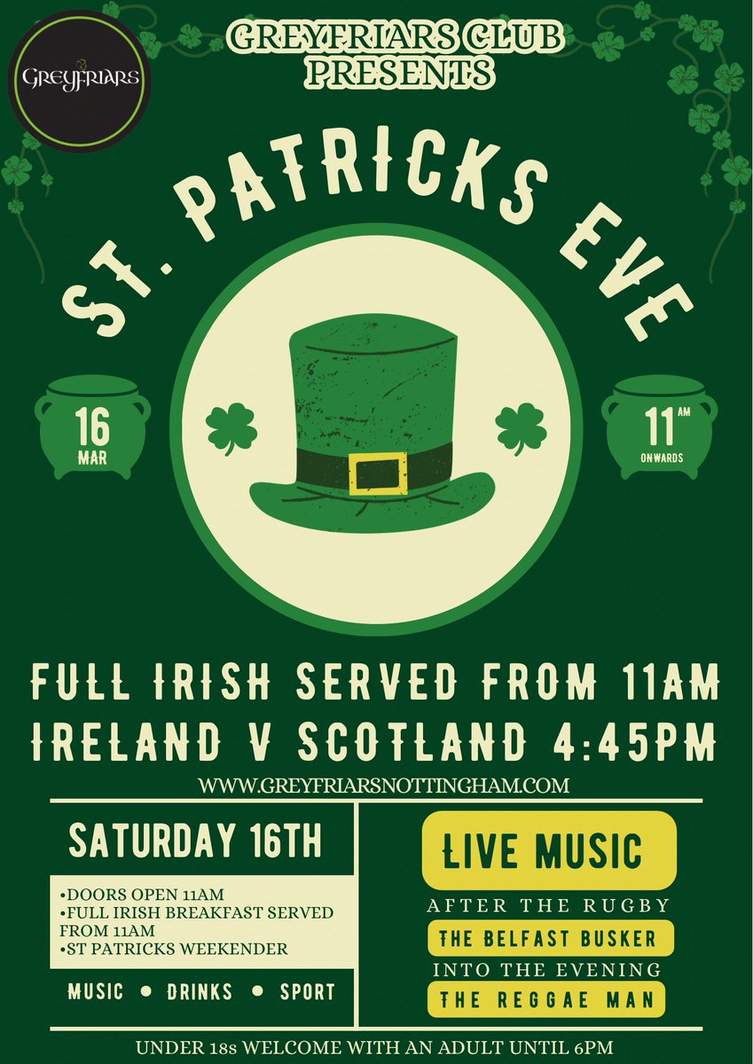 🍀 St Patrick’s Weekend 🍀 Join us for a weekend of Craic Agus Ceol 🍻 If you’re irish you’ll know the Greyfriars is the place to be on St Patrick’s Weekend! We are irish 365 days a year not just for the commercialisation of St Patrick’s Day! 🇮🇪🥳