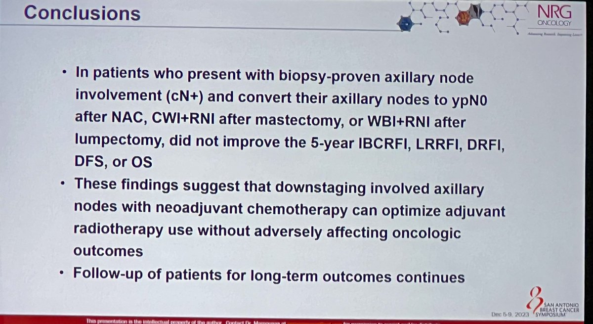 NSABP B-51/RTOG 1304 presented at #NRG2024 💥cN1 breast cancer pts who converted to ypN0 with neoadj chemo 💥no SS DFS or OS benefit to WBRT + RNI or CW RT inc RNI (superiority design) 💥thread below includes details from presentation 1/7 @NRGonc