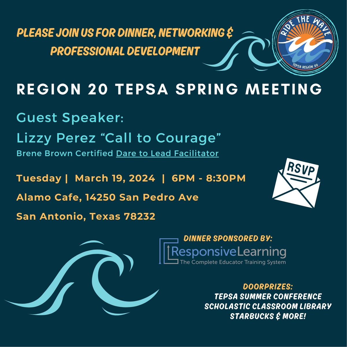 Please join us at our Region 20 TEPSA Spring Dinner! Special Speaker: Dr. Lizzy Perez @LizzyPerezLLC Sponsored by: Responsive Learning <a href="/MoreThanJustPD/">Responsive Learning</a> RSVP at: forms.gle/nvzreH4Jck7MQR…

#RideTheWave #WeLeadTX #Leadership <a href="/TEPSAtalk/">TEPSA</a>