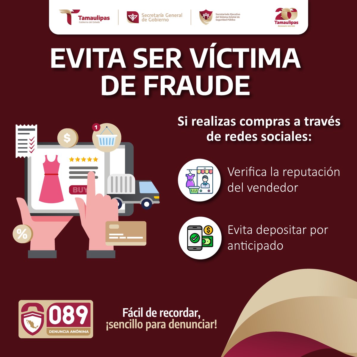 Evita fraudes por compras en línea. Compra solo en sitios seguros y verifica reseñas. 💳🔒 #DenunciaAnónima089