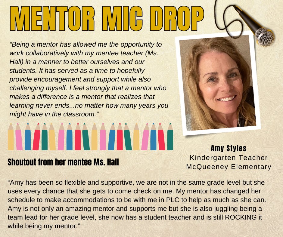 Mrs. Styles <a href="/McQueeneyESISD/">McQueeney Elementary</a> was given a Mentor Mic Drop from her new teacher Ms. Hall. Thank you Mrs. Styles for all you do. We are Teachers Leading with Excellence.
#MatadorMentoring