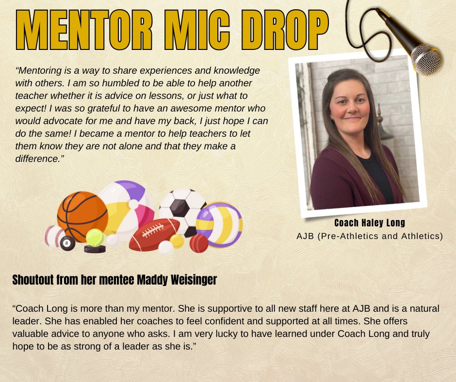 Coach Long at <a href="/AJBriesemeister/">AJBriesemeisterToros</a> received a Mentor Mic Drop this month from her new teacher Coach Weisinger.
Thank you Coach Long for all you do. 
We are Teachers Leading with Excellence.
#MatadorMentoring