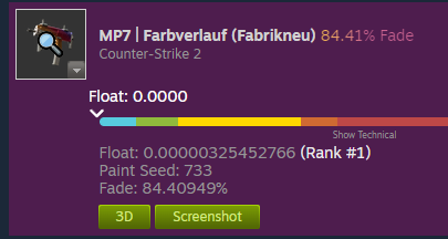 🌟 MP7 | Fade 🌟
#1 Float 0.00000325 on STEAM MARKET (350€)