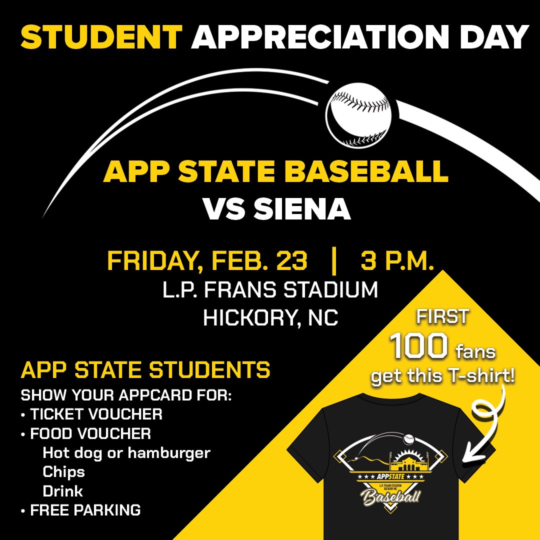 Calling all App State students: We're taking you out to the ballgame! Hope to see you on 2/23 in Hickory!⚾️