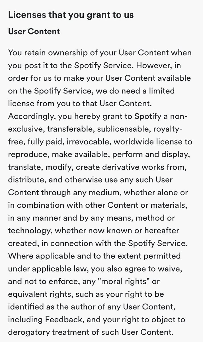 k8saidso's tweet photo. That's a whole bunch of yikes, @Spotify. I get that you're marketing for your creators, but that's a TON of free reign you've got there. 

#Creatives 
#authorscommunity
#WritingCommunity
#podcasters
#singersongwriters 
#legalnews https://t.co/3KJHFzAgPX