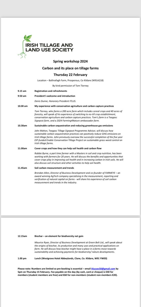 ITLUS spring workshop takes place on Tom Tierney’s farm in Prosperous, Co Kildare (W91A218). This years topic : Carbon and its place on tillage farms.