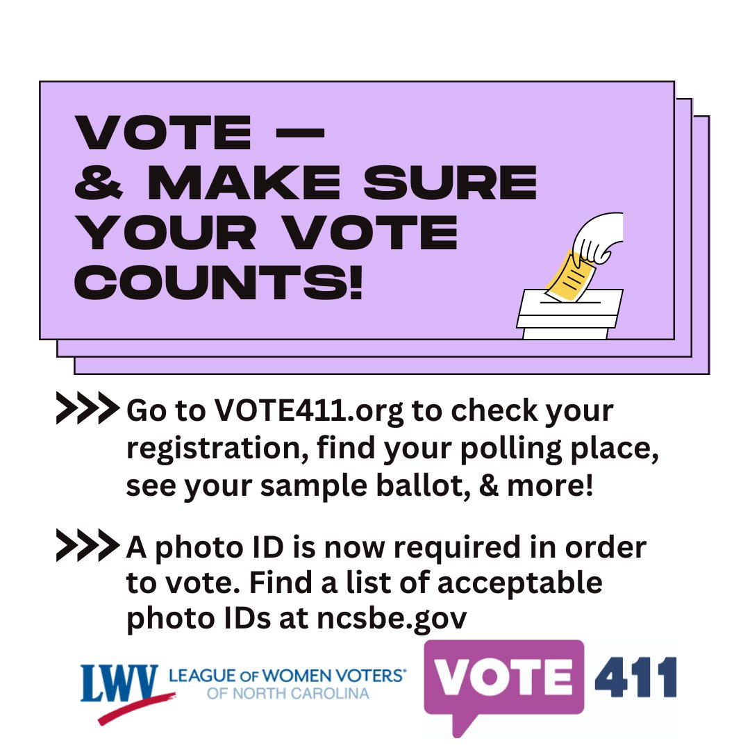 North Carolina, it’s time to vote–and make sure your vote counts! Go to VOTE411.org to check your registration, find your polling place, see your sample ballot, compare candidates & more. And take your photo ID with you to the polls!
@NCSBE @LWV @LWVNCarolina @VOTE411