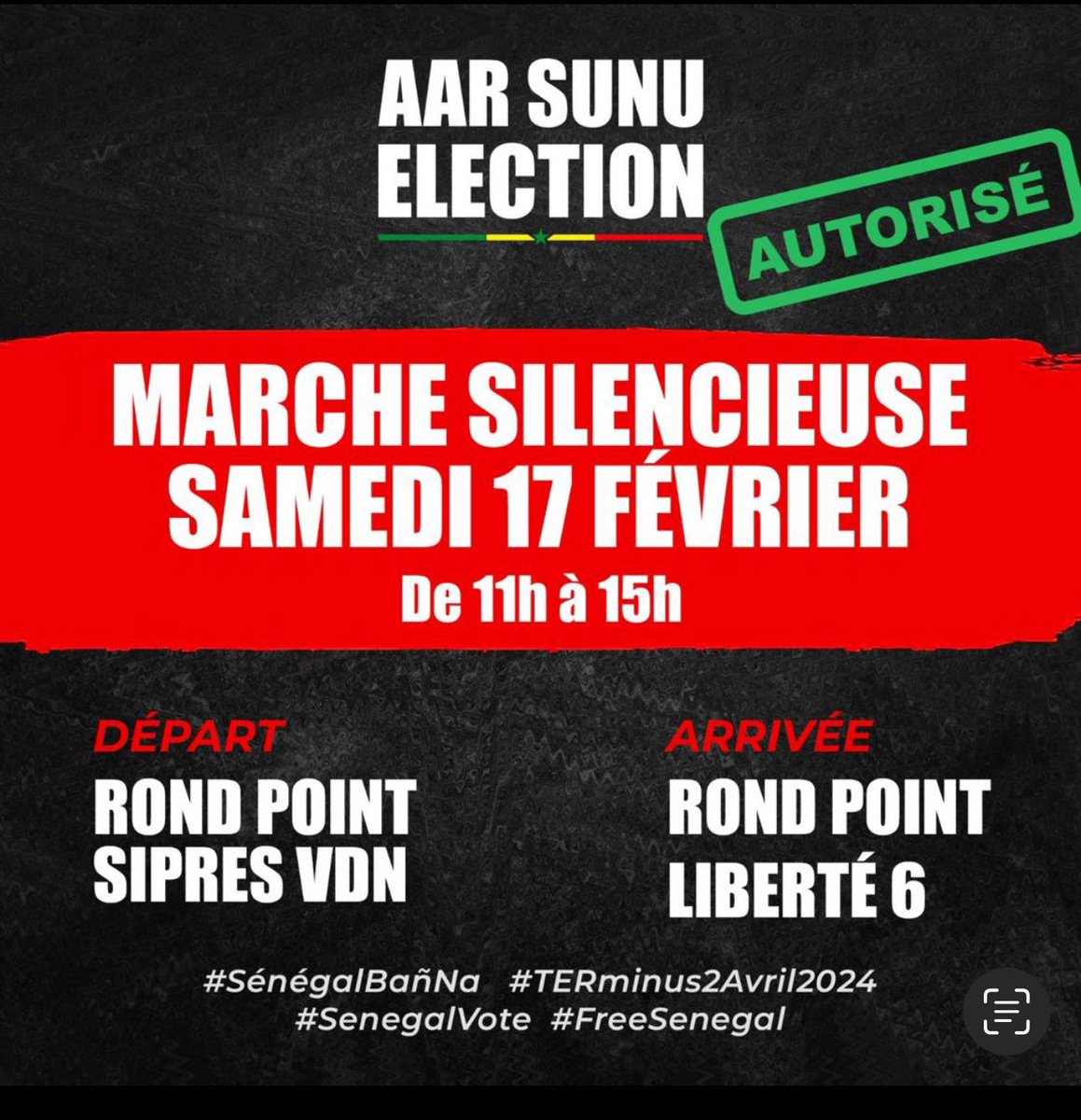 Souba kou nieuwoul complice geu 
Se donne rendez-vous demain 
Occupons le terrain à partir de 10h 
Sénégal bougnou book 
Sénégal pour les Sénégalais 
#FreeSenega