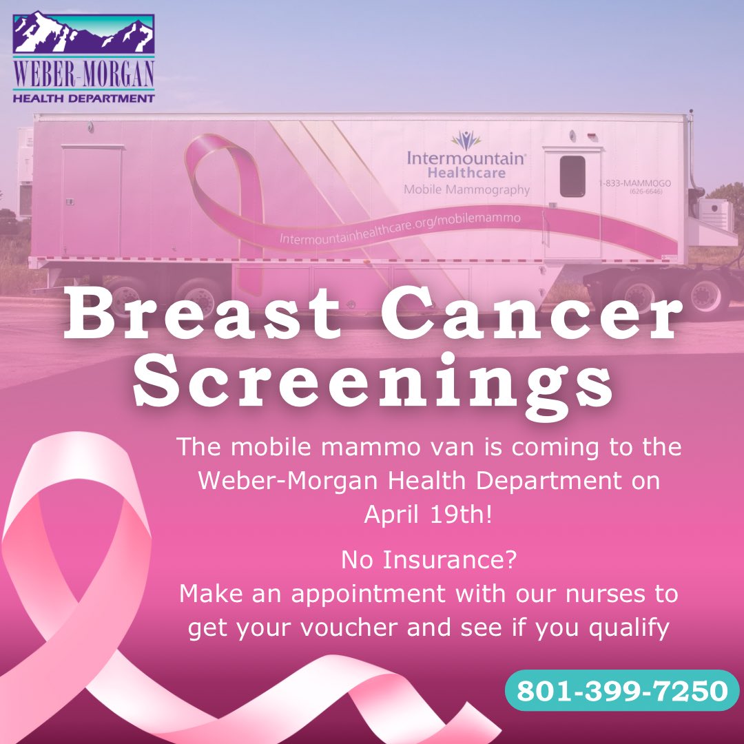 No Insurance? Get ready for the mammogram van! Coming to Weber-Morgan Health Department April 19th. Check out our website for eligibility to get a free mammogram. webermorganhealth.org/services/clini… 
Call to make an appointment with our nurses today, 801-399-7250