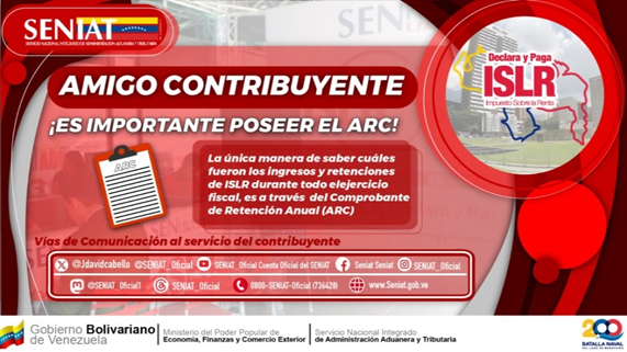 SENIAT_Oficial's tweet photo. ¡El momento es ahora! Declara y paga el #ISLR cumple con Venezuela y contribuye con el desarrollo económico de esta Patria Grande.
#JuntosSumamosAlDesarrollo https://t.co/lc3e3GYn4v