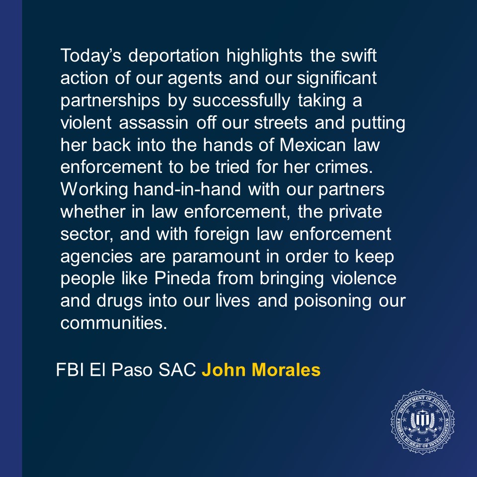 FBIElPaso's tweet photo. #FBIEP and #USBPEPSector apprehended an international fugitive, Michelle Angelica Pineda, aka "La Chey", and sent her back to Mexico to face homicide charges. She was arrested at a local EP motel where she was operating a drug ring on behalf of the "Artistas Assessinos." https://t.co/8C2tQmBJOU