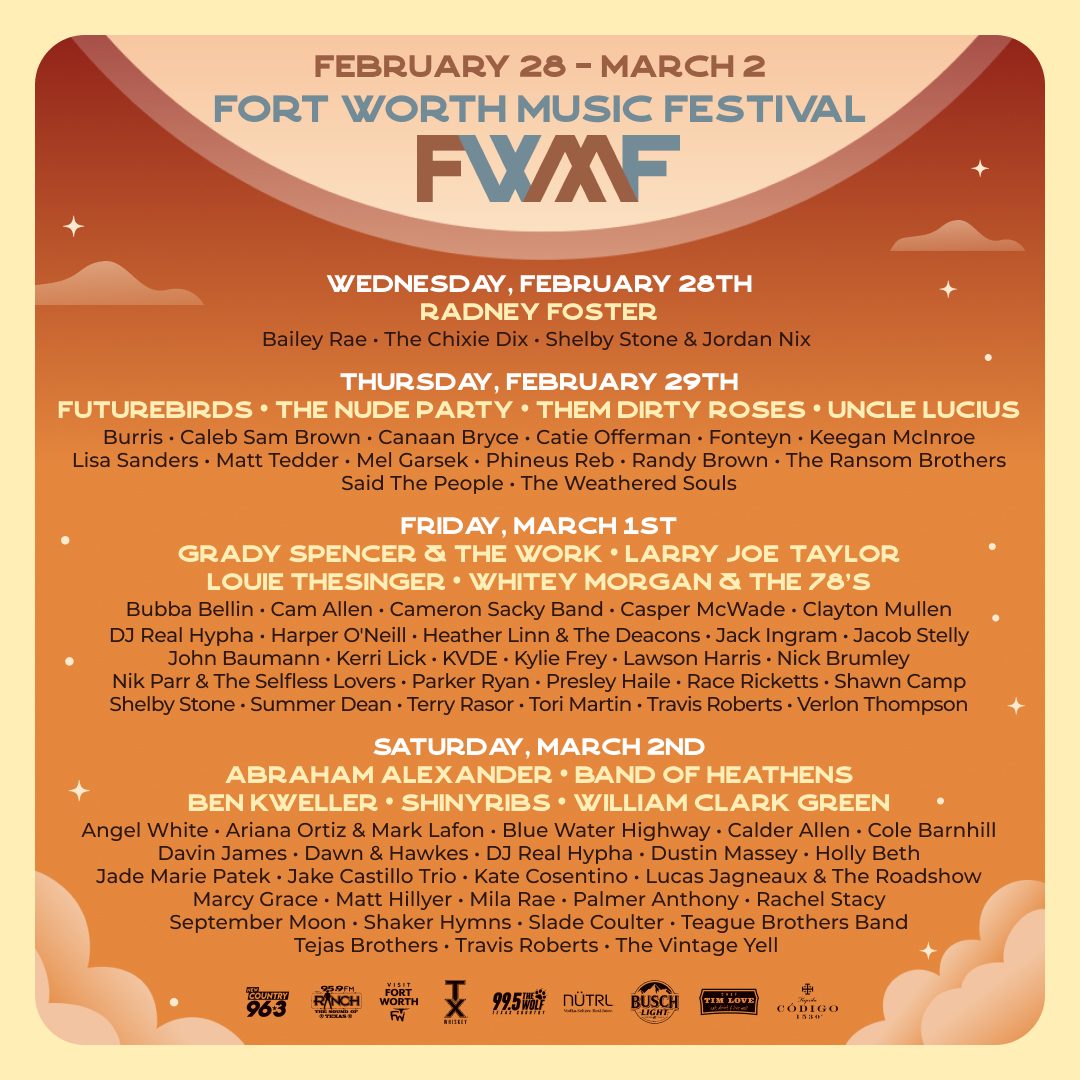 LiveNationDFW's tweet photo. The final lineup for the 2024 Fort Worth Music Festival & Conference is here 🎶 We're less than two weeks away from four days of live music across eight stages from over 70 acts! Don't miss out, get your tickets at https://t.co/RIf7EzraZO #FWMF https://t.co/FfBg0Ty3aF