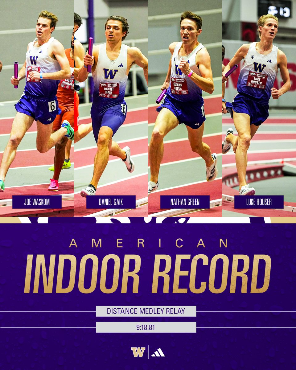 UWTrack's tweet photo. Those hometown boys are now the fastest Americans EVER indoors. ๐บ๐ธ๐ฅ
9:18.81 from Joe, Daniel, Nathan, and Luke breaks the former indoor American mark of 9:19.93 set by Team USA in 2015. ๐ซก
#GoHuskies https://t.co/hlsw8o24KA