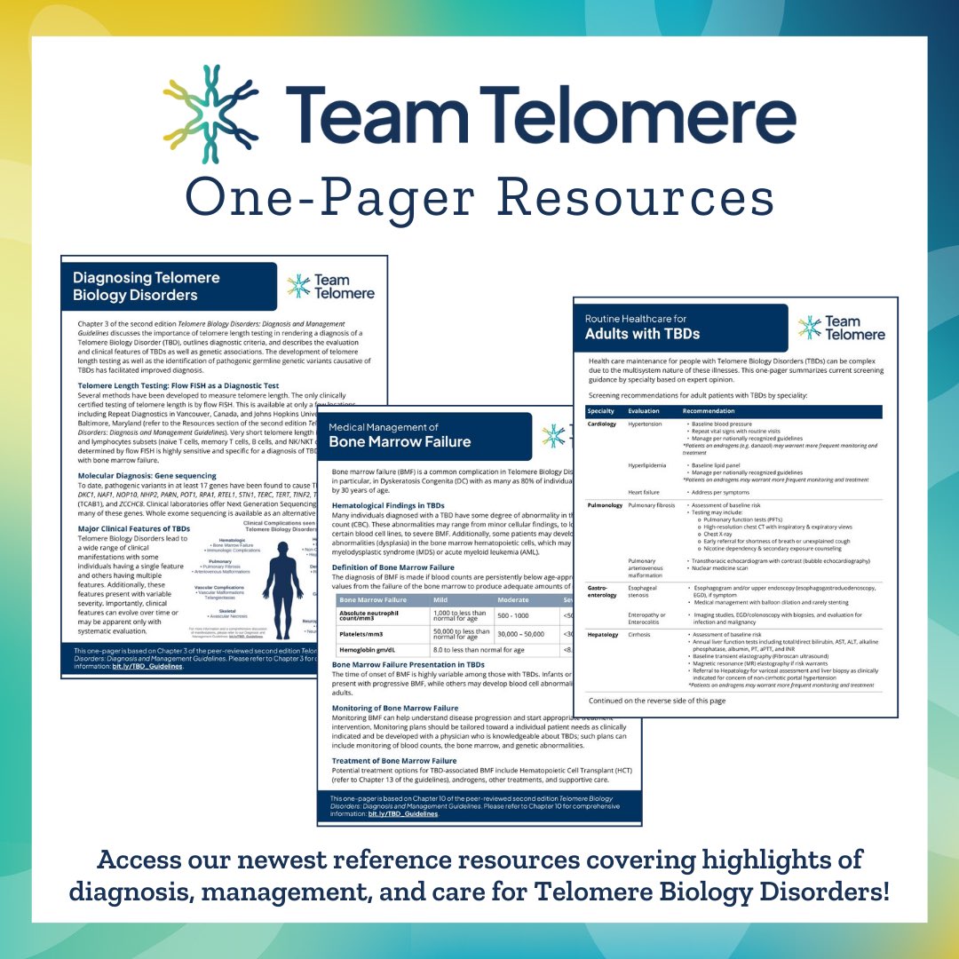 We are excited to announce the launch of our new educational resource collection: one-pagers! Developed based on our Telomere Biology Disorders Guidelines, these concise resources make complex TBD info easily accessible. Access them on our website! *link teamtelomere.org/one-pager-reso…