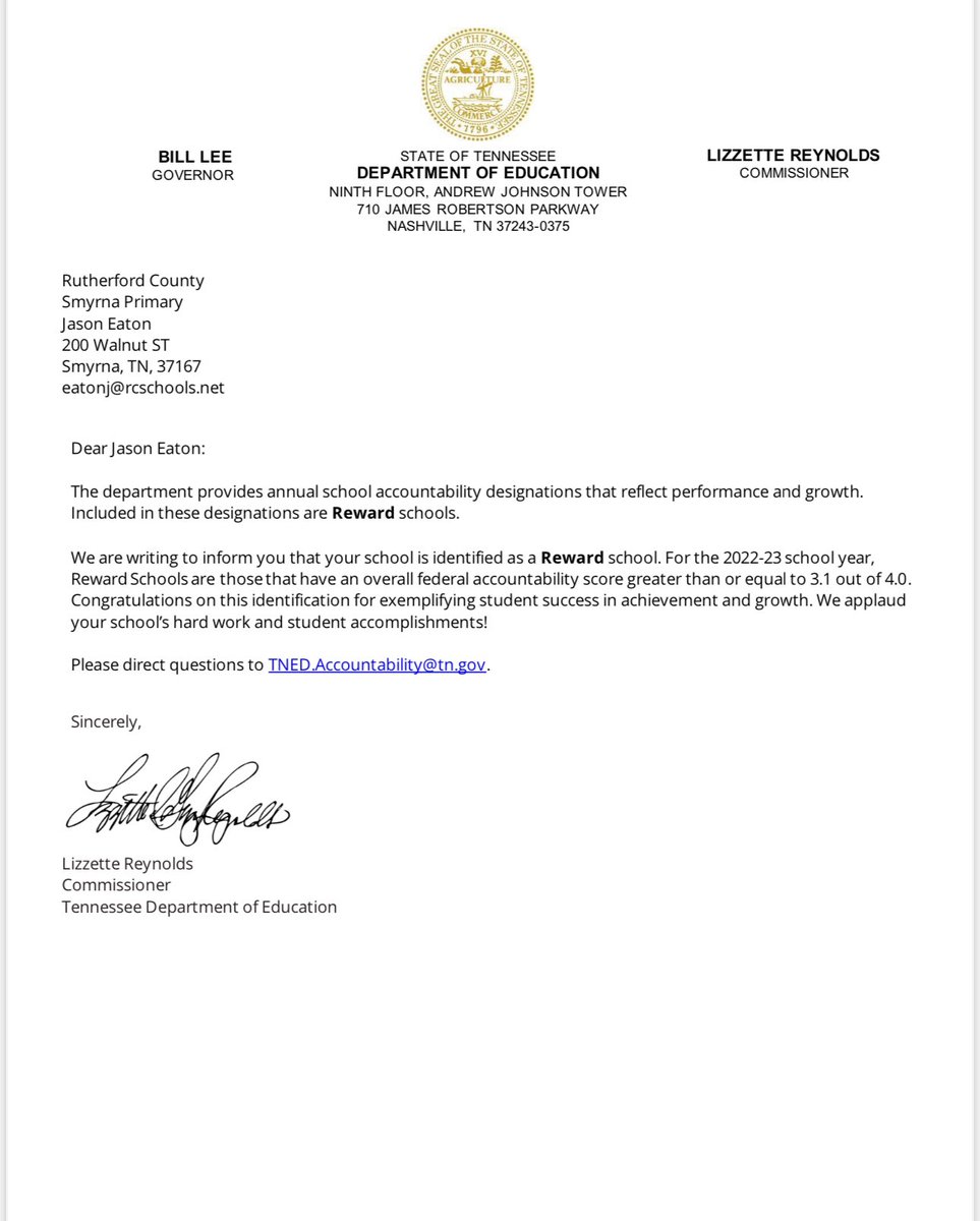 We are proud of our teachers and students for earning this honor! What an accomplishment #huskyExcellence #back2thebasics <a href="/BillLeeTN/">Bill Lee</a> <a href="/TNedu/">TN Dept of Education</a>