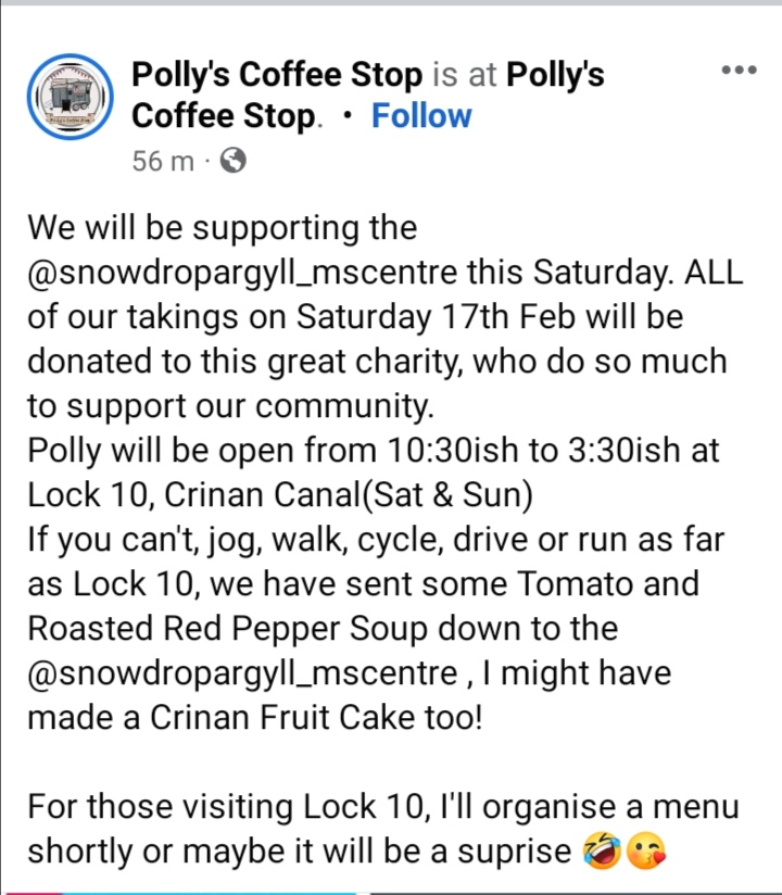 msargyll's tweet photo. Blown away by the kindness of Polly's (Horse Box) Coffee Stop, on the Crinan Canal in support of our wellbeing work.  ALL takings tomorrow are being donated to help boost our income PLUS soup &amp; cake in @msargyll for our 5k participants &amp; supporters. ❤️ #CommunityAtItsBest #Argyll https://t.co/Q3z9Dfs3zE