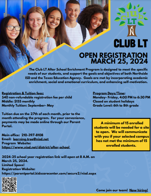 Middle School open registration for Club LT begins March 25.