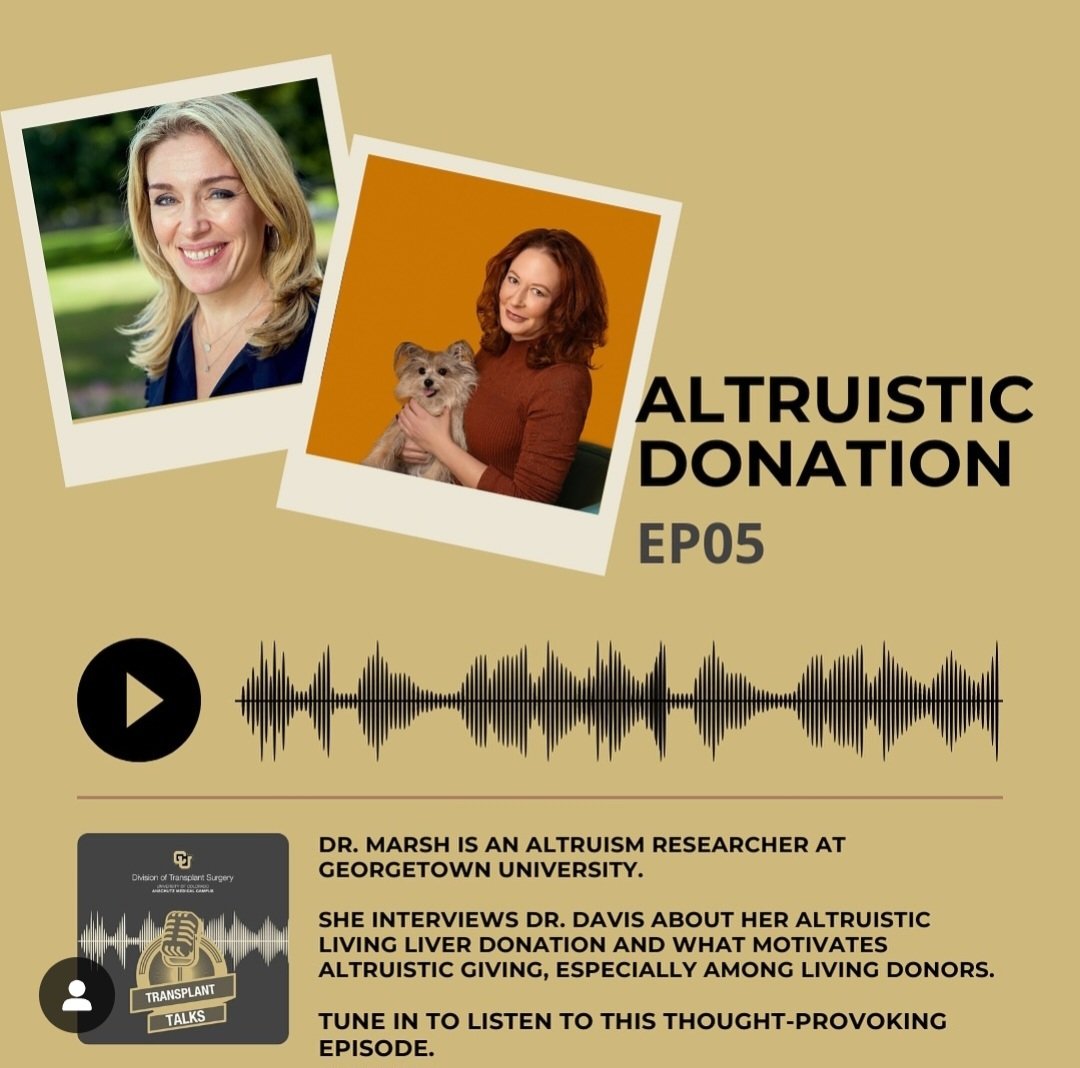 🎙In this episode of #TransplantTalks, altruism researcher, Dr. Abigail Marsh @aa_marsh picks my brain about why I donated part of my liver to a stranger. 
open.spotify.com/episode/467ETN…
@Georgetown @CU_Transplant @CU_Psychiatry #donatelife #OrganDonation #transplant #today #OrganDonor