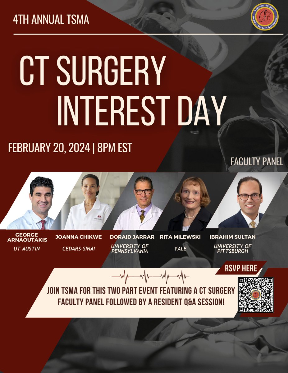 Are you a med student interested in learning more about a career in CT Surgery? Then you DO NOT WANT TO MISS this event!! Our 4th Annual CT Surgery Interest Day features a physician panel AND a resident Q&A which will both equip and inspire you on your journey!