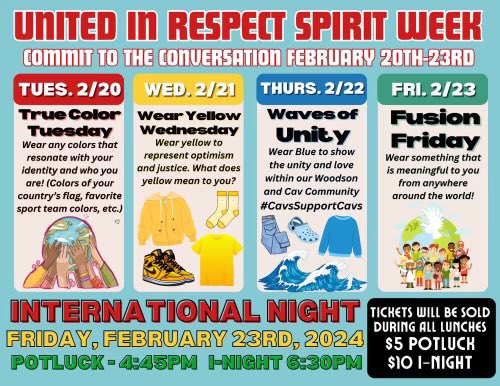 Woodson HS Student Services (@wtwstudentsvcs) on Twitter photo United in Respect Spirit Week next week! Check out the daily themes for our spirit week next week as we count down towards International Night on Fri, Feb 23!!! 💙⚔️❤️ <a href="/WTWoodsonHS/">Woodson HS</a> <a href="/WTWCavalry/">Woodson Cavalry</a> <a href="/CavSportsLead/">Woodson Sports Leadership</a> <a href="/wtwcareercenter/">W. T. Woodson HS College & Career Center</a> <a href="/Woodsonathletic/">Woodson High School Athletics</a> United in Respect Spirit Week next week! Check out the daily themes for our spirit week next week as we count down towards International Night on Fri, Feb 23!!! 💙⚔️❤️ <a href="/WTWoodsonHS/">Woodson HS</a> <a href="/WTWCavalry/">Woodson Cavalry</a> <a href="/CavSportsLead/">Woodson Sports Leadership</a> <a href="/wtwcareercenter/">W. T. Woodson HS College & Career Center</a> <a href="/Woodsonathletic/">Woodson High School Athletics</a>