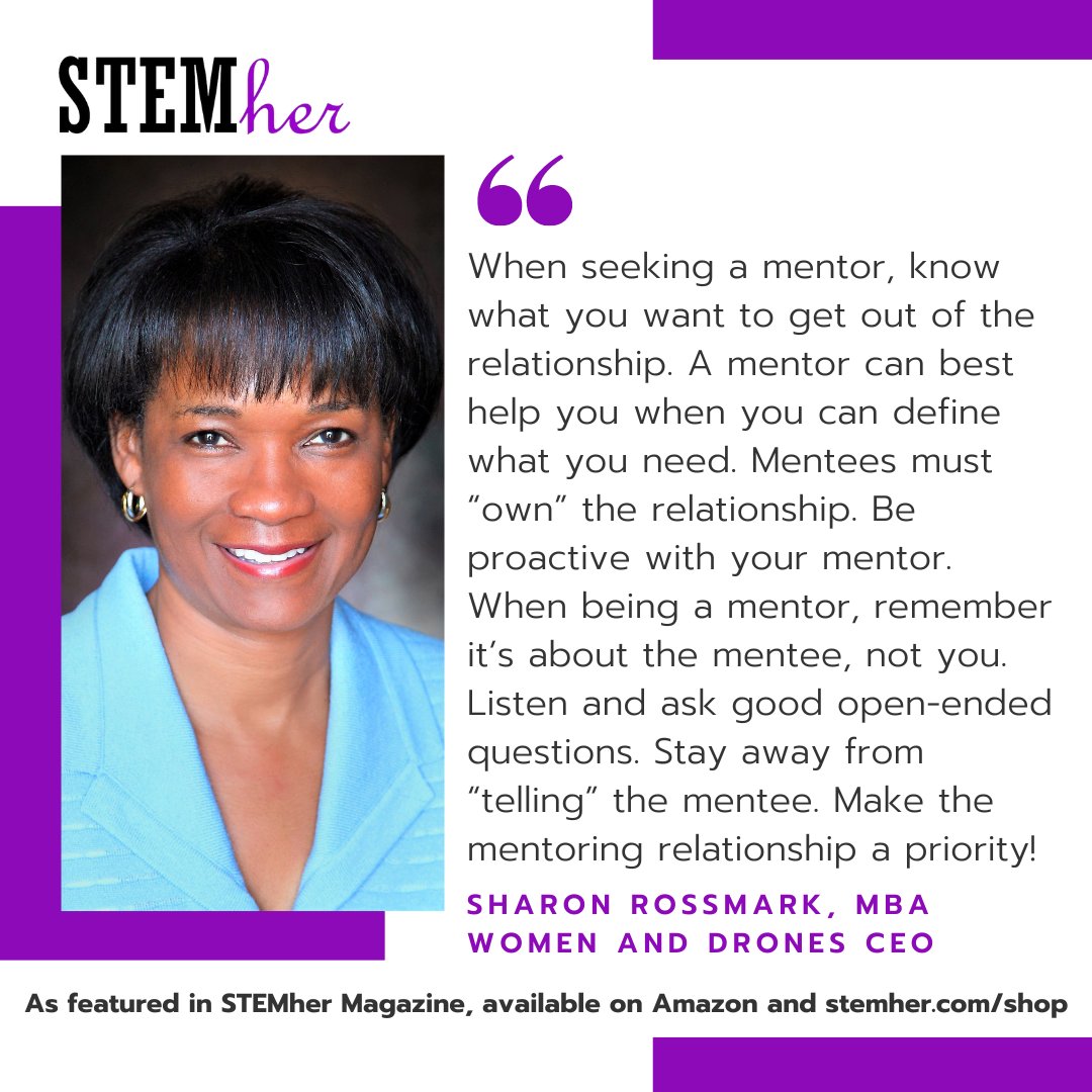 STEMher_'s tweet image. "When seeking a mentor, know what you want. When being a mentor, remember it’s about the mentee, not you" - Sharon Rossmark, MBA, Women and Drones CEO.

Get tips in STEMher Magazine, available on Amazon and stemher.com/shop

#blackhistorymonth #blackstemlikeme #WomenInSTEM