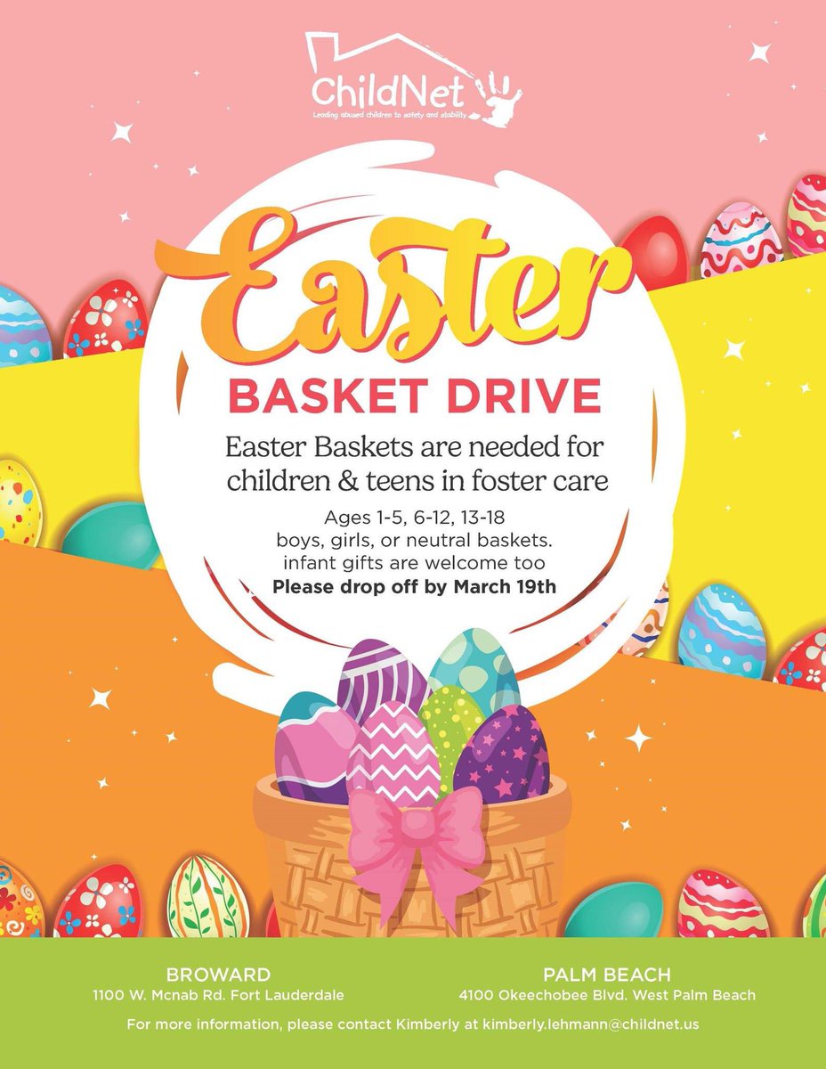 Hop into kindness with our Easter Basket Drive! Help us fill Easter baskets with gift cards, toys, books, games, candy, and other kid-friendly items. All baskets can be dropped off at our Broward Office: (1100 West McNab Road) and Palm Beach Office (4100 Okeechobee Blvd) 🐰🌷