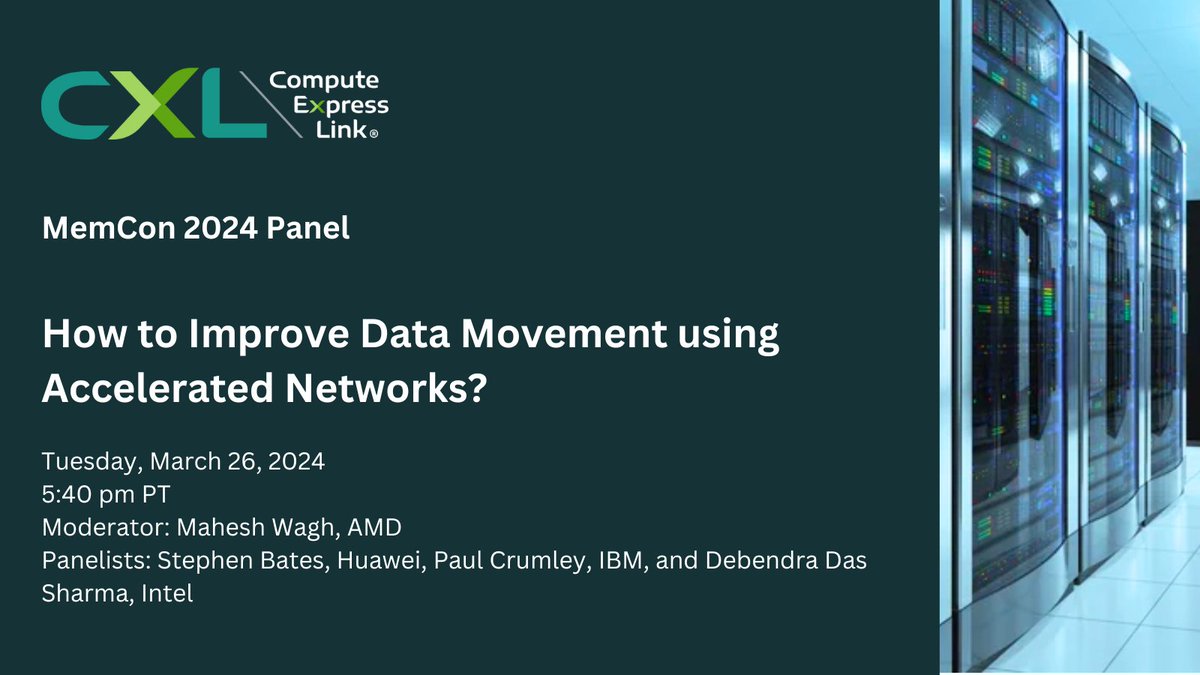 The “How to Improve Data Movement using Accelerated Networks?” presentation at #MemCon 2024 will highlight how #CXL can enable data centers to handle increasing data volume from #AI / #ML workloads. Attend the presentation to learn more: bit.ly/3ShQjxa