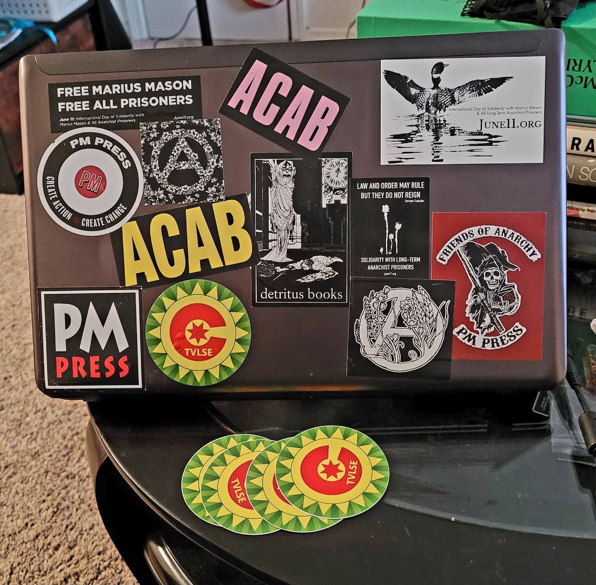 Latest addition to the communal anarcho-laptop is one of these badass stickers we had made for <a href="/CoopTulsaOK/">Cooperation Tulsa</a> with our logo. Tvlse (sounds like Tulsey) was the original name of Tulsa, named after a tribe of Mvskoke Creek Nation that was forcefully relocated here.