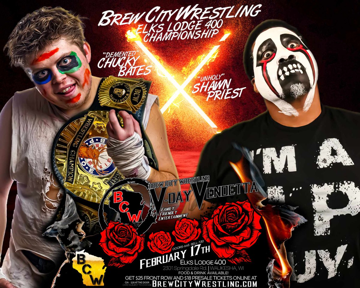 TOMORROW! @DementedBates defends his @WaukeshaElks 400 championship against the Unholy' Shawn Priest. Tix available at the door, 2301 Springdale Rd in Waukesha, WI. 730pm bell time.