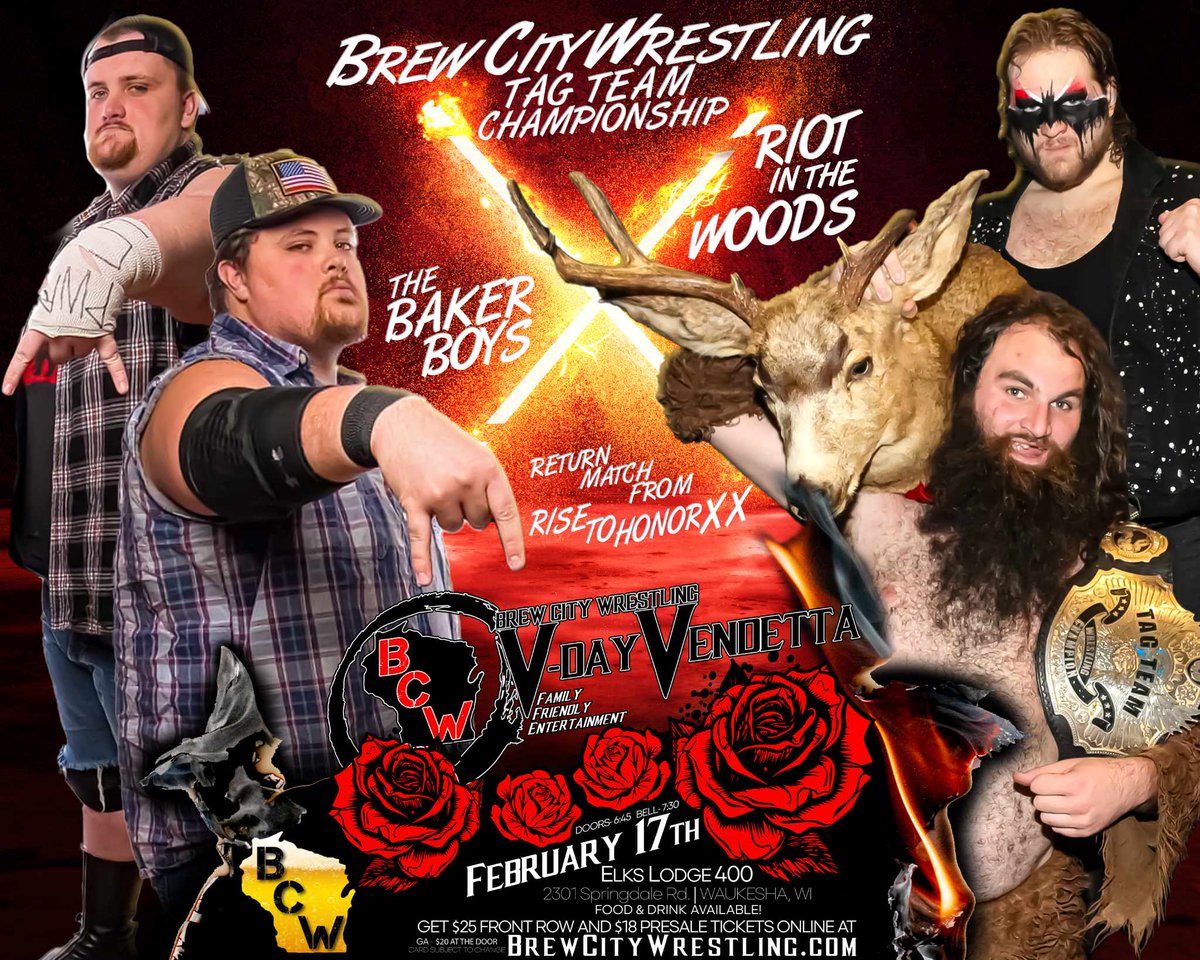 TOMORROW! Riot in the Woods defends their Brew City Wrestling tag team titles against the Bakers in a NO DISQUALIFICATION match at the @WaukeshaElks Bell time is 730pm. Tickets at the door, 2301 Springdale Rd.
