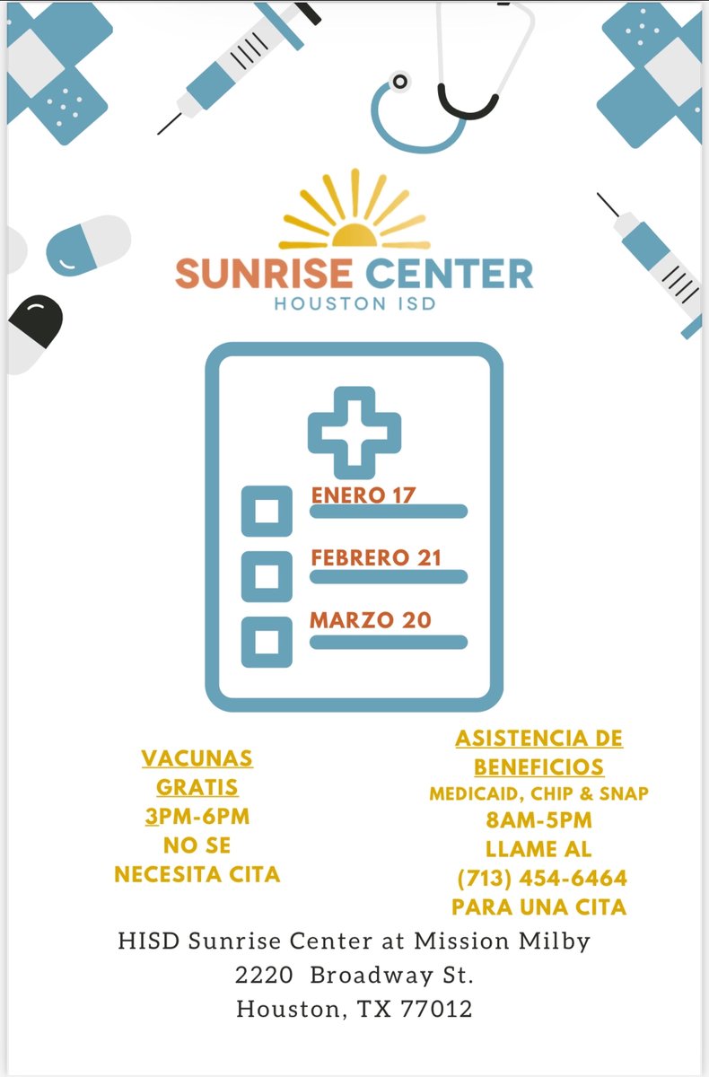 Vaccines will be available again this coming Wednesday from 3:00 to 6:00 pm at Mission Milby