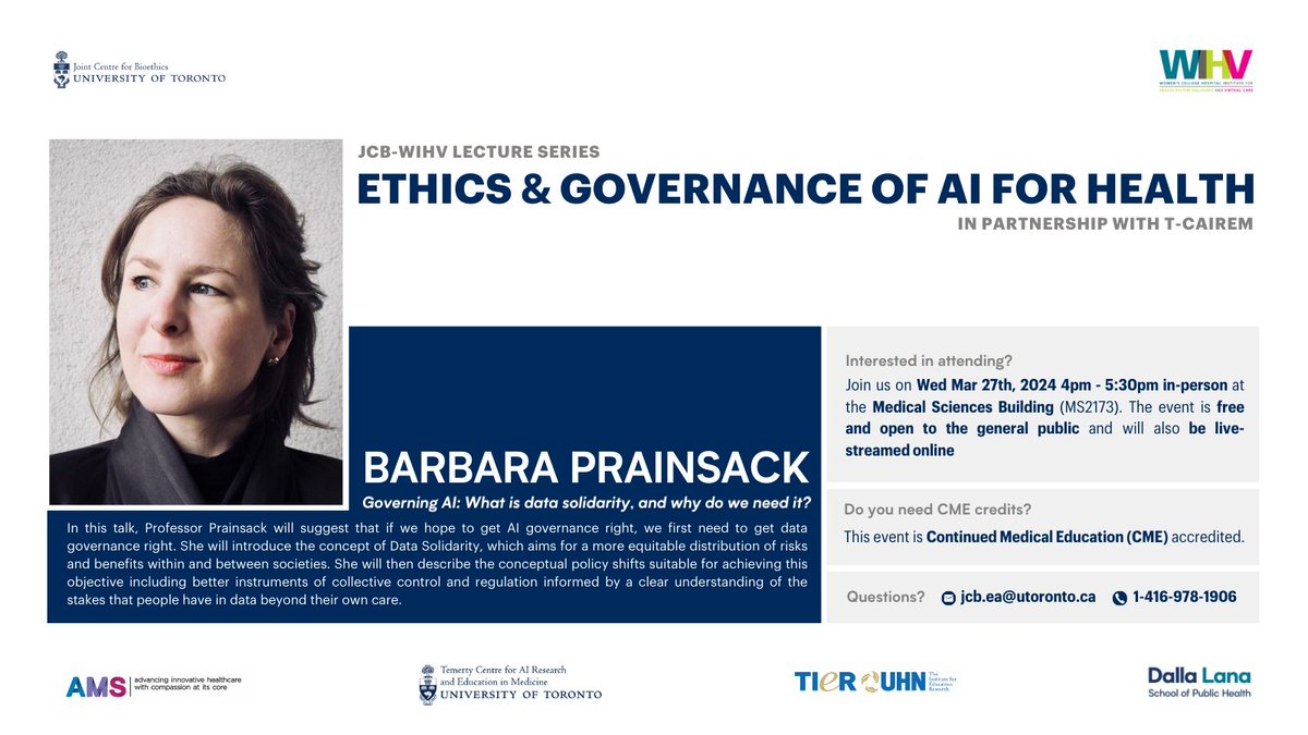 👉Save your dates for another JCB-WHIV lecture on Ethics & Governance of AI for Health ft. Prof Prainsack Wed Mar 27th at 4pm. The event is CME-accredited & hosted with WIHV, @UHN, @uoftmedicine & @AMSHealthcare. Online & in-person tickets are live: bit.ly/3OLiq6S👈