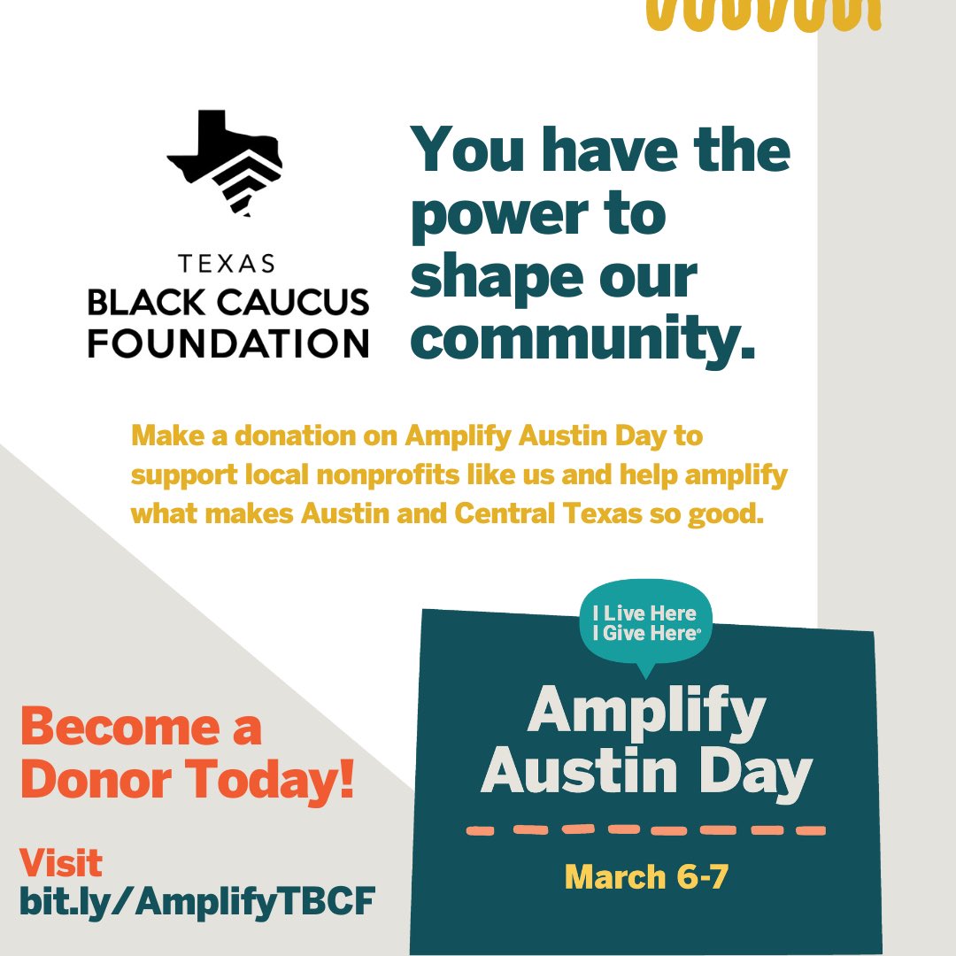 At the Texas Black Caucus Foundation, we believe in the power of generosity. 🫱🏾‍🫲🏽 From providing leadership development to addressing inequities facing Black Texans.

This Amplify Austin Day, show your support! Become a donor at bit.ly/AmplifyTBCF.

#txlege #ILiveHereIGiveHere