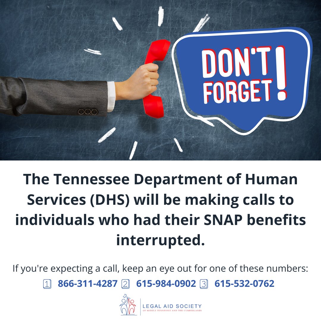 DHS will be calling individuals whose SNAP benefits have been interrupted. Watch for these numbers: 

1️⃣ 866-311-4287
2️⃣ 615-984-0902
3️⃣ 615-532-0762

You may also get a reminder text or robocall before the interview. Stay informed and be ready! 🤝 #DHS #SNAP