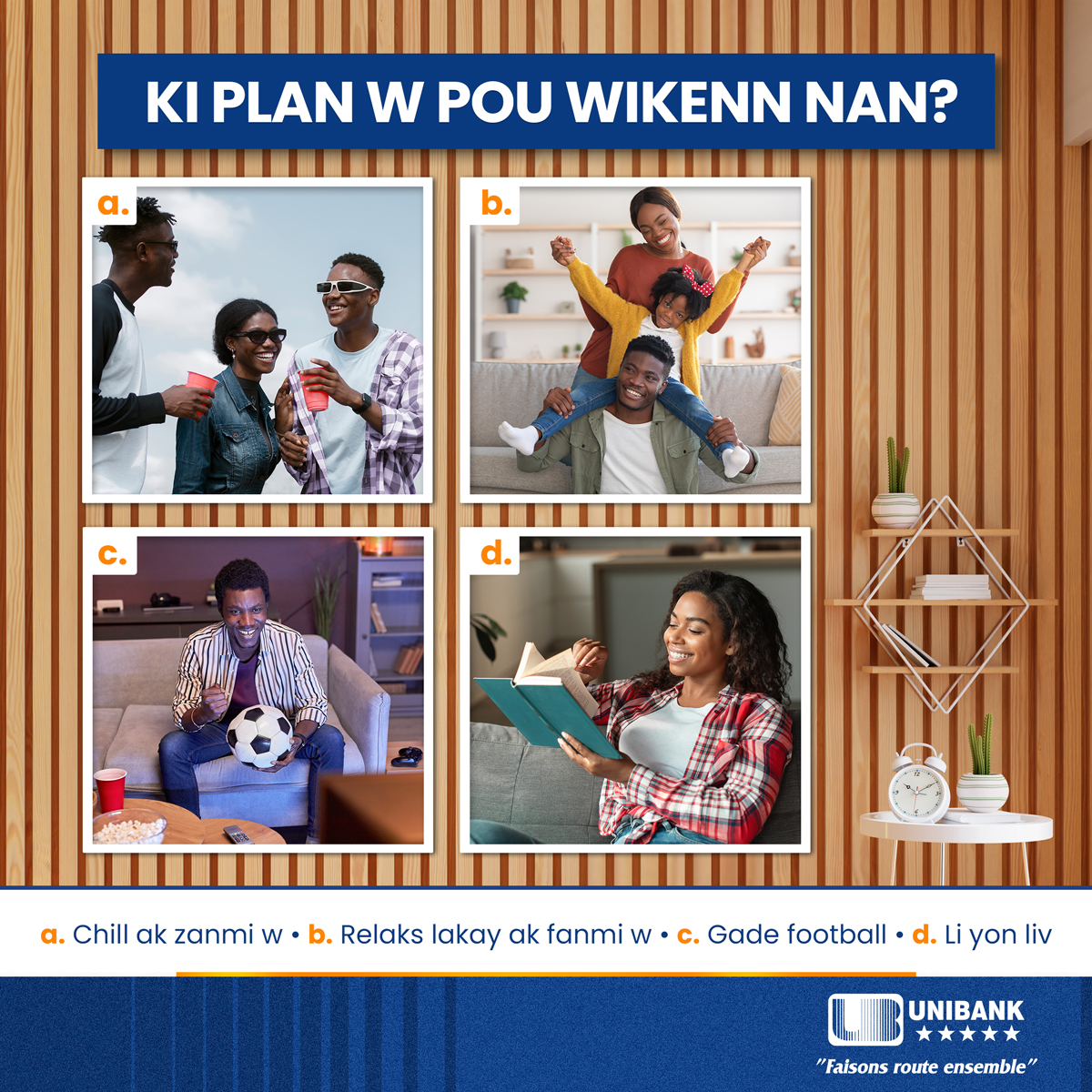 UBHaiti's tweet photo. Wikenn la rive ! Kisaw prevwa fè ? Mete repons pa w la anba pòs la 👇 siw gen lòt plan ki pa nan repons yo, pataje l avèk nou !
#UnibankHaiti #FaisonsRouteEnsemble #Wikenn https://t.co/15alKOwdl1