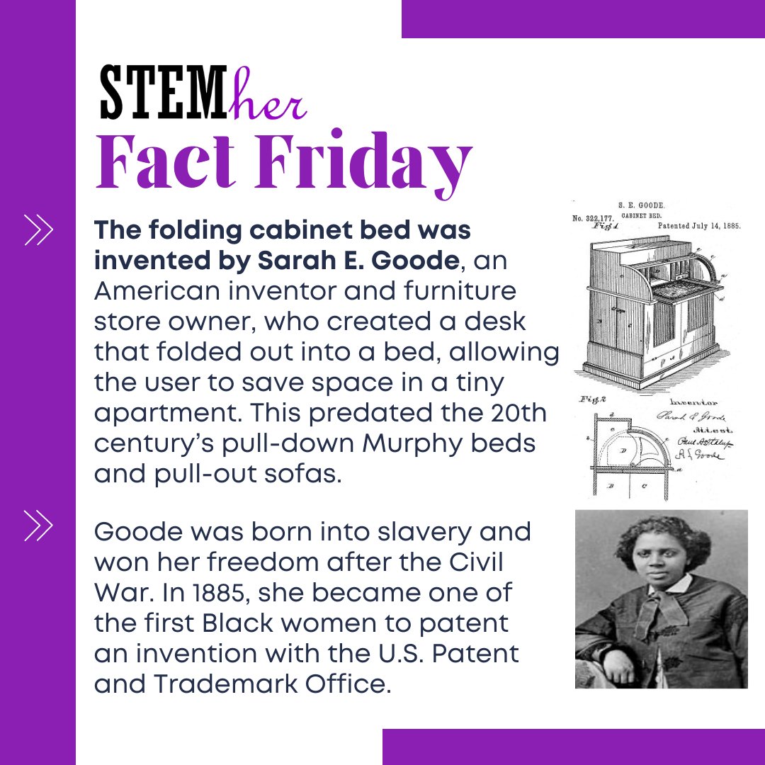 STEMher_'s tweet image. The folding cabinet bed was invented by Sarah E. Goode, an American inventor and furniture store owner. This predated the Murphy beds and sofas. She was one of the first Black women to patent an invention with the U.S. Patent and Trademark Office. #blackhistorymonth #WomenInSTEM