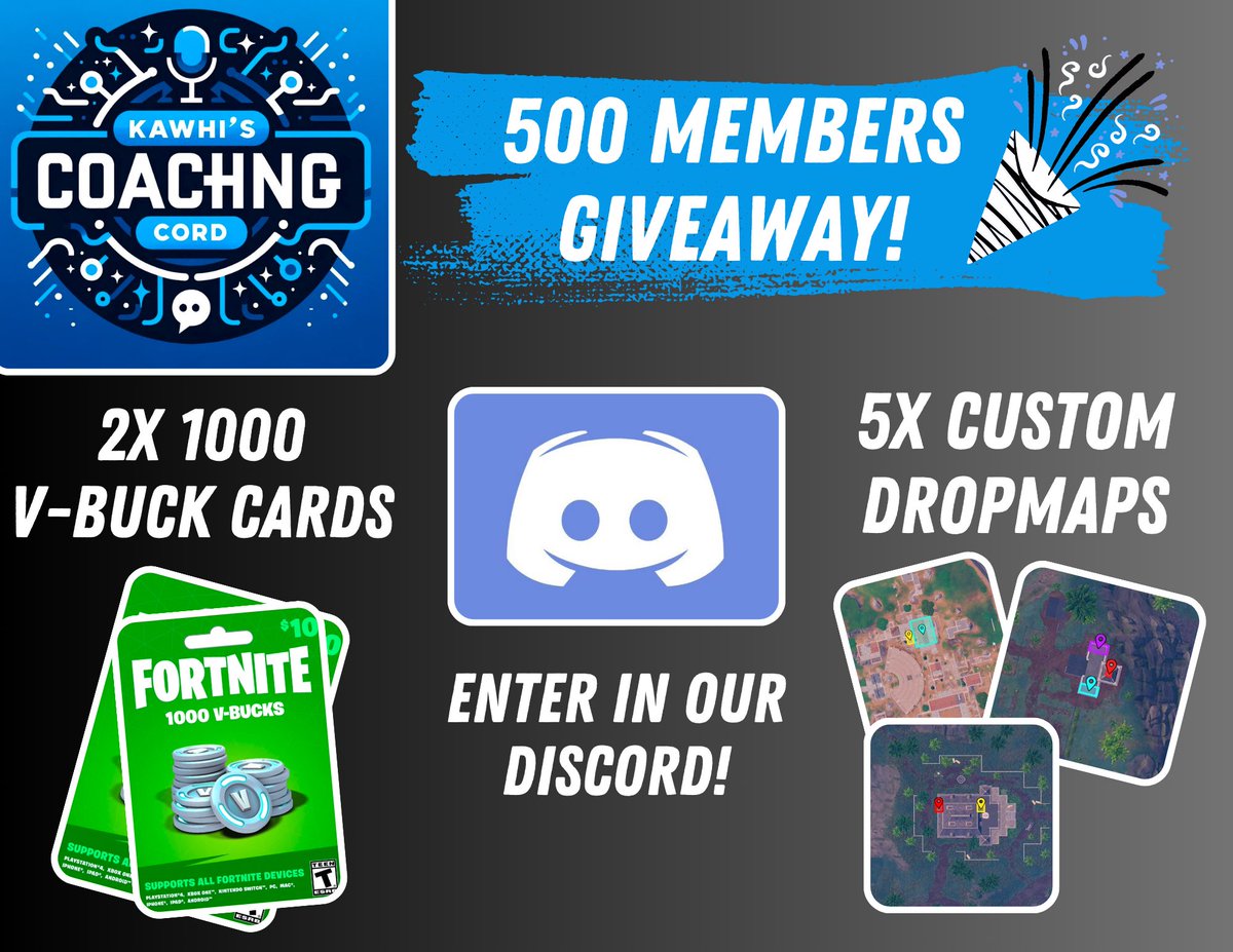 CoachKawhi's tweet photo. 🎉We hit 500 members in a month! To celebrate we’re running a giveaway for 2 1000 V-Buck Cards and 5 custom dropmaps! 🎉 Join up to enter: https://t.co/hA4EViohmi

Also have some very exciting projects planned that will be launching next season! 👀

#fortnite #giveaway https://t.co/Q8NkWLgclg