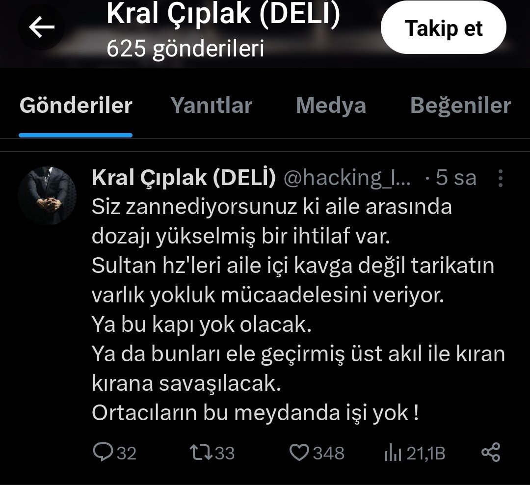 Ulen ayyaş sen kim tarikatın yok olması gibi birşeyi on görmek kim halen bu sala*k i takip edenlere vicdanen sesleniyorum etmeyin eylemeyin sana gelince R. Hodri meydan SADATİ kiramin üst aklı ancak hz. Peygamber ve diğer sadat olur ama seninle işim bitmedi #kralçıplak