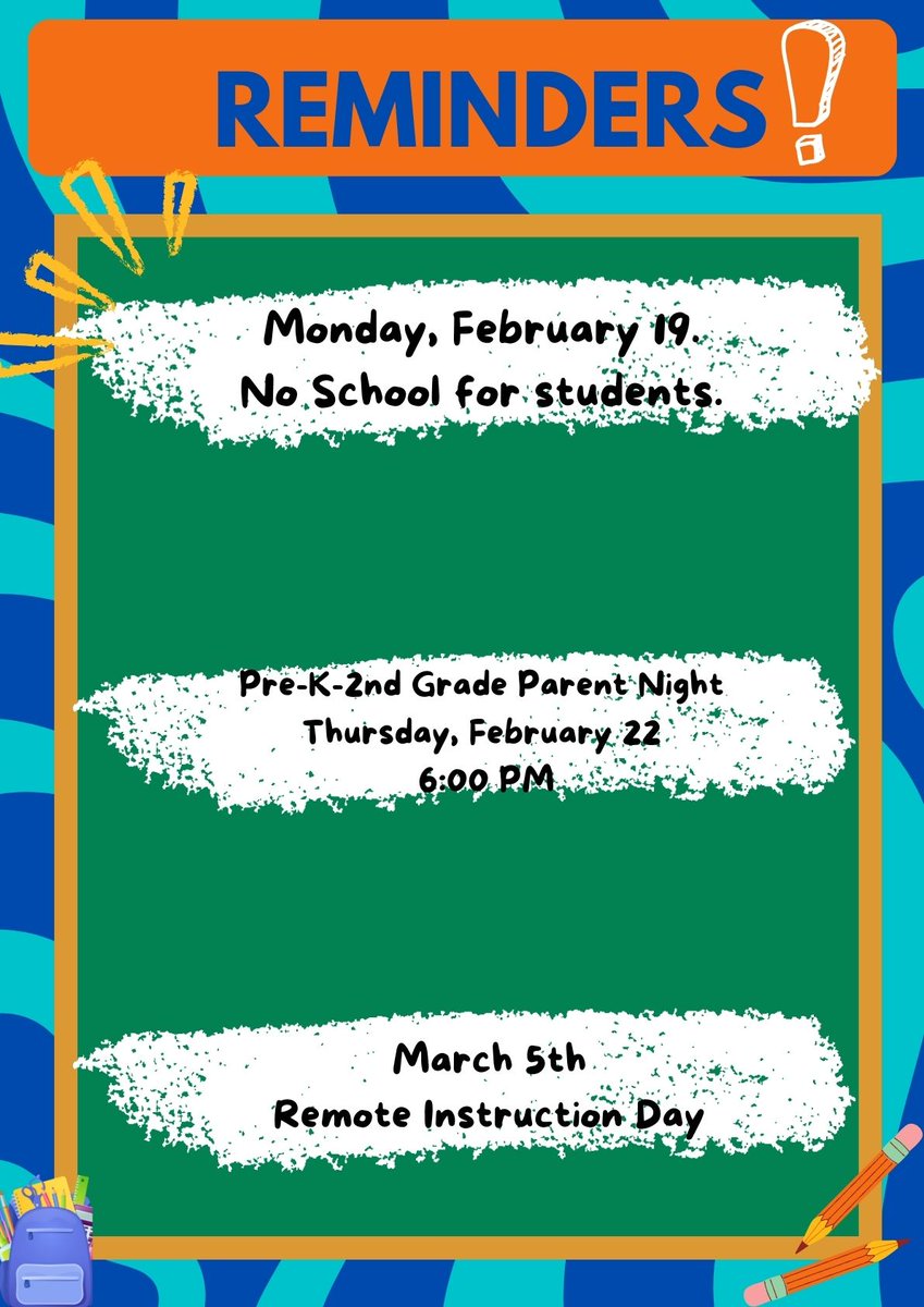 Greetings! Please note the following reminders. Monday, February 19 will be no school for students. Thursday, February 22 we will have our parent night for Pre-K-2nd Grade. March 5 will be a remote instruction day for students. Have a safe and great weekend. <a href="/PinkstonPride/">Pinkston Street Elementary</a>