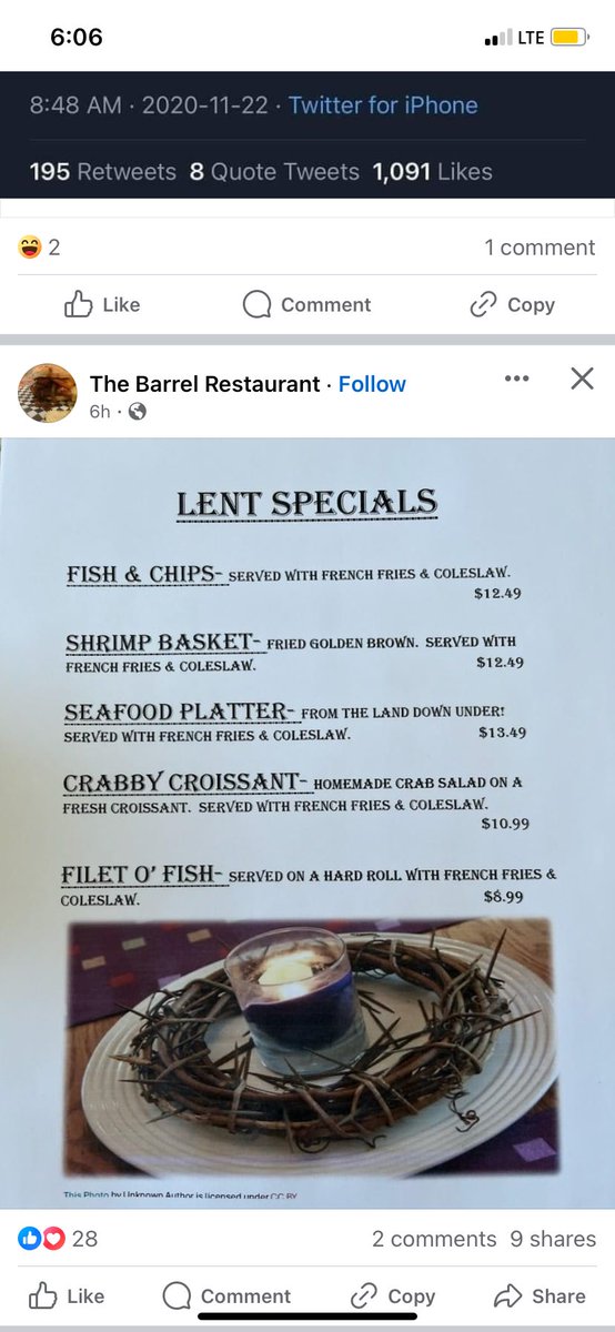 Ryan_Seb13's tweet photo. If anyone ever asks me for an image that sums up where I grew up, I’ll show them this menu from a local restaurant advertising the “Crabby Croissant” and “Filet O’ Fish” above an image of the crown of thorns worn by Christ before the crucifixion. https://t.co/fBbTaFX4Mp