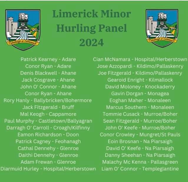 Congratulations to Liam Dennehy, Cathal Dennehy, Daithi Dennehy and Adam Frewen on their selection for the Limerick Under 20 and Minor Panels 2024. A fantastic achievement! 👏 Best of luck to the players and management teams for the year ahead 🟢⚪️ @LimerickCLG