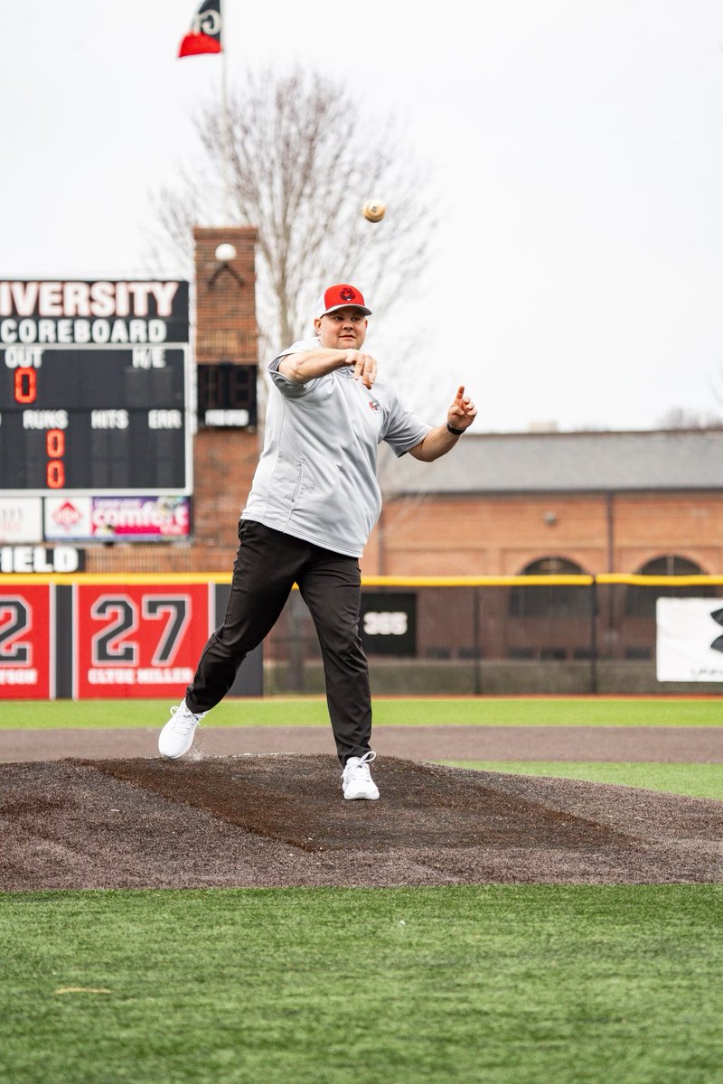 <a href="/CoachReisert/">Cris Reisert</a> kicking off <a href="/GWUBaseball/">Gardner-Webb Baseball</a> by throwing the first pitch! #NoFlinchDawgs