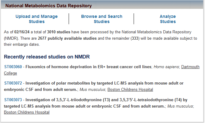 Metabolomics Workbench (@metabolomicswb) on Twitter photo The National Metabolomics Data Repository (NMDR) at <a href="/MetabolomicsWB/">Metabolomics Workbench</a>
has just processed its 3,000th study! MS/NMR data/metadata/raw data on studies covering over 300 species. Browse/search/download at metabolomicsworkbench.org The National Metabolomics Data Repository (NMDR) at <a href="/MetabolomicsWB/">Metabolomics Workbench</a>
has just processed its 3,000th study! MS/NMR data/metadata/raw data on studies covering over 300 species. Browse/search/download at metabolomicsworkbench.org