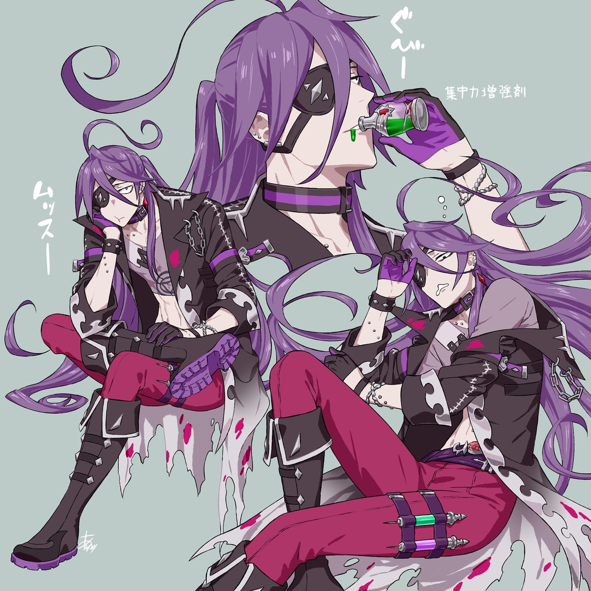 purple hair eyepatch male focus 1boy long hair boots gloves  illustration images