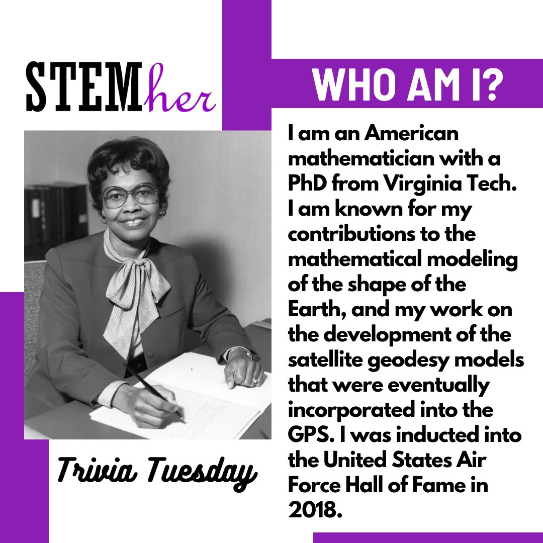 STEMher_'s tweet image. "I'm an American mathematician with a PhD from Virginia Tech. I am known for my contributions to the mathematical modeling of the shape of the Earth. I was inducted into the US Air Force Hall of Fame in 2018." #blackhistorymonth #womeninstem

Who's this woman in STEM? Reply below