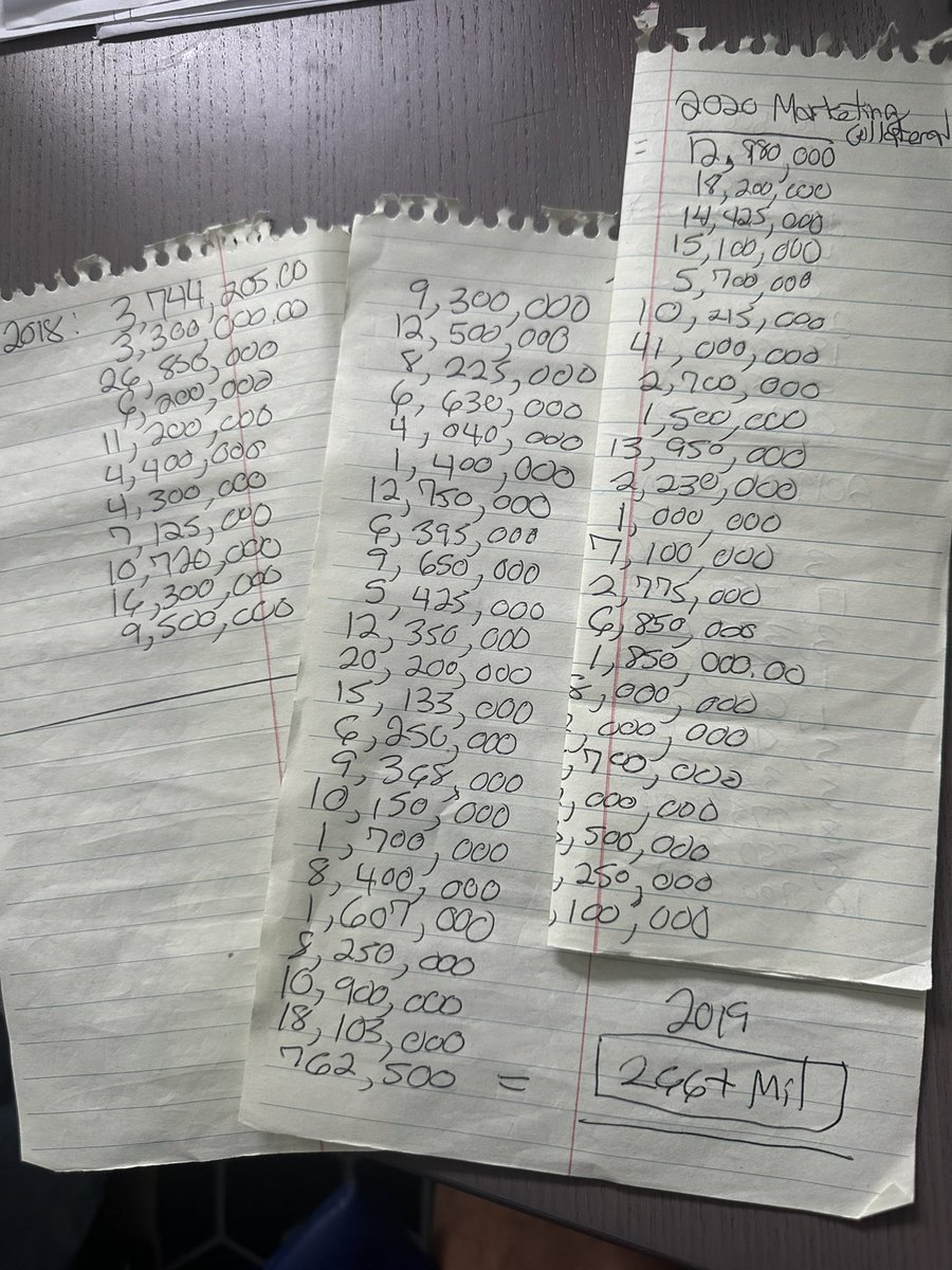 brycejosepher's tweet image. On the recent topic of leaving big brokerages, check out the most inefficient way to add up all your collateral. 😂 

This was on my last day at CW, 6 years ago. 

No sensitive deal details, just closing prices for anything I worked on. 

Notepad &amp;amp; Dr. Grip pen. 😎
