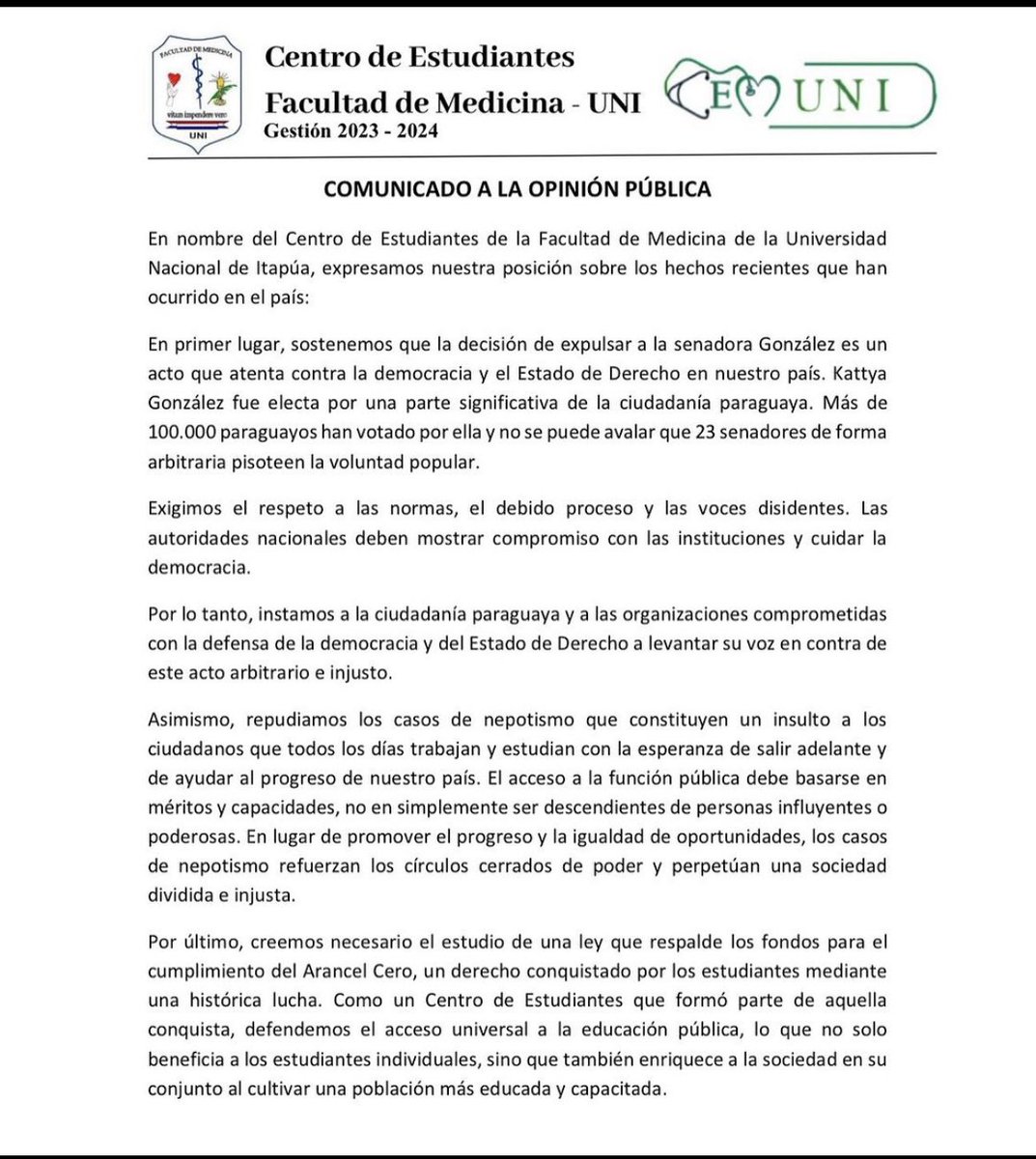 Comunicado a la opinión pública.