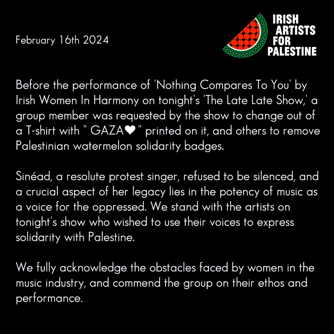 A statement regarding the prohibition of solidarity with Palestine on tonight’s ‘The Late Late Show’.

To support Aisling Project, text SINEAD to 50300 to donate €4

Donate to the Aisling Project here: aislingproject.ie/donatesinead

#LateLateShow #CeasefireNOW