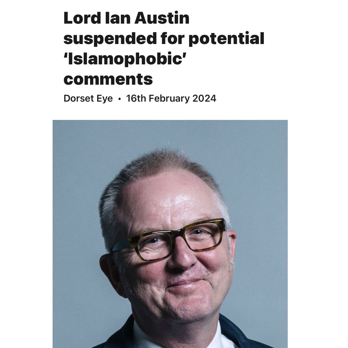Majstar7's tweet photo. 🚨 Lord Ian Austin suspended for potential ‘Islamophobic’ comments

The suspension was unanimously decided by the board due to the impact on @MidlandHeart’s reputation and the upset caused, particularly among colleagues. 

A meeting has been scheduled in 14 days to discuss @LordIanAustin’s permanent removal from the board. 

https://t.co/SubIQJr5IJ